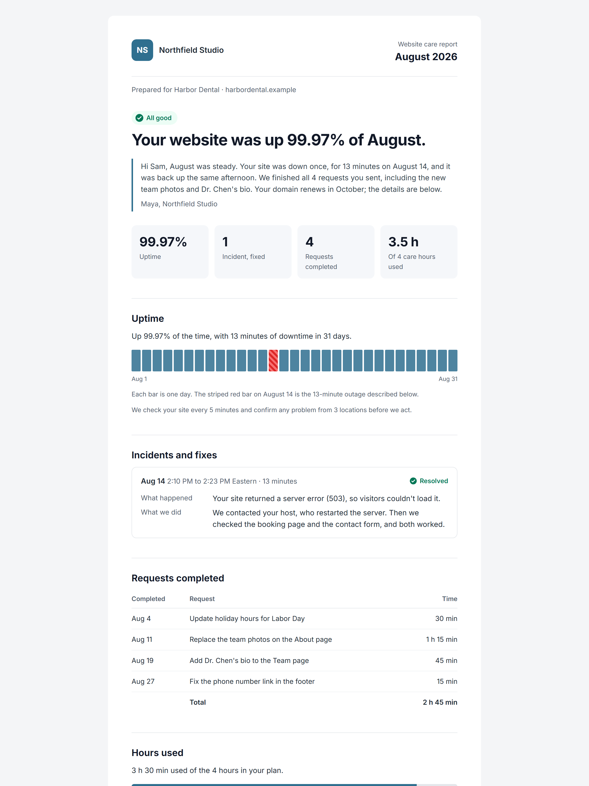 A sample monthly website care report for a dental practice, in the web shop's own brand.